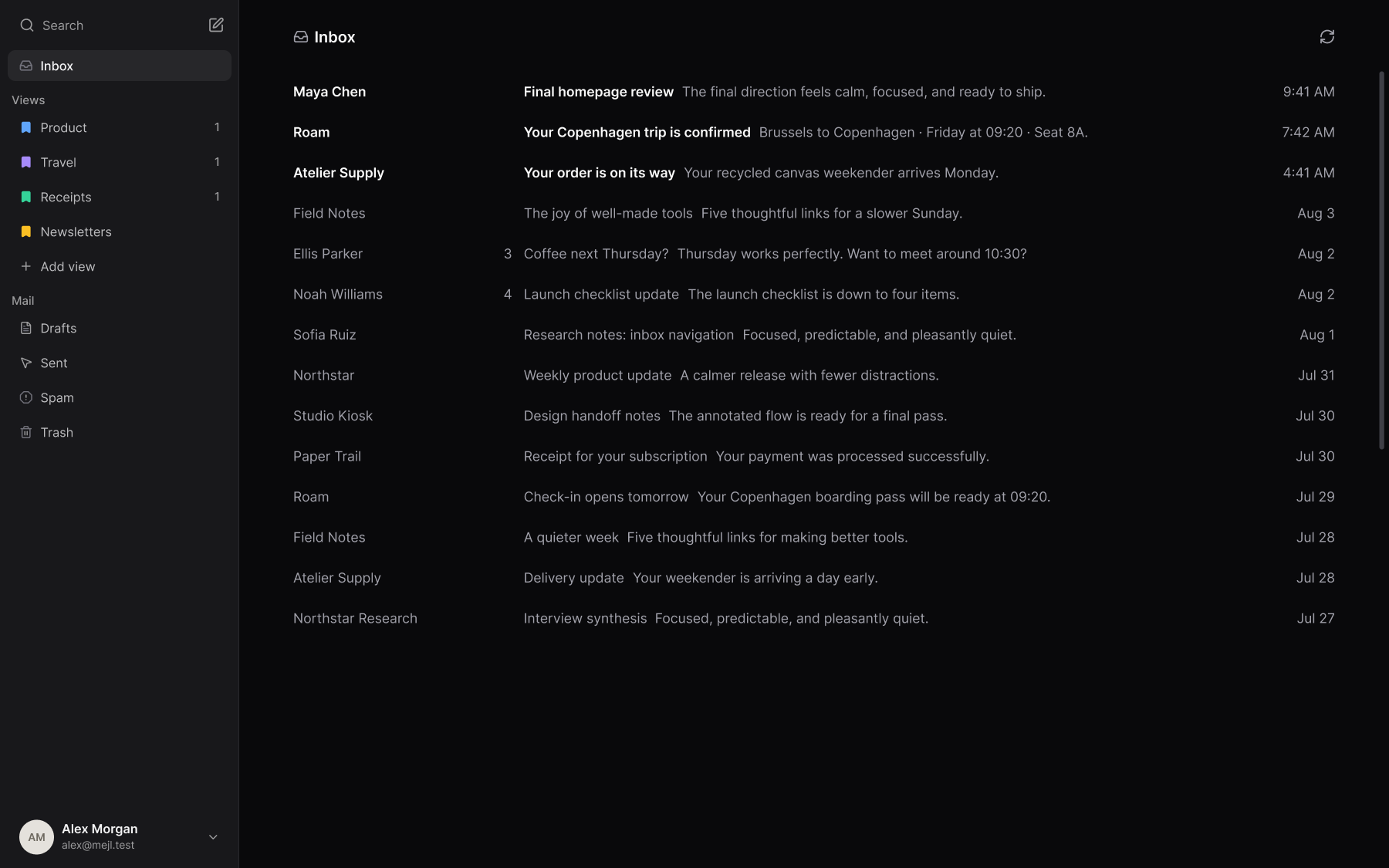 The Mejl web inbox, with label-based views in the sidebar and one view of mail open