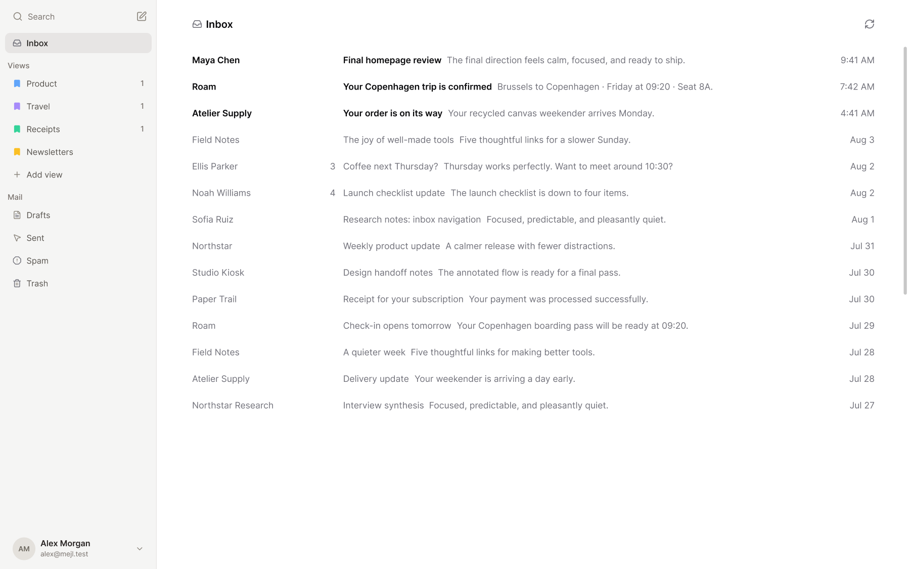 The Mejl web inbox, with label-based views in the sidebar and one view of mail open
