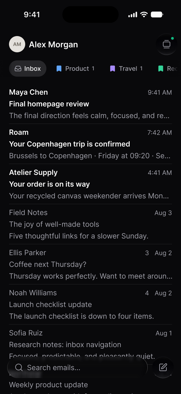 The Mejl inbox on a phone, with view pills above the thread list