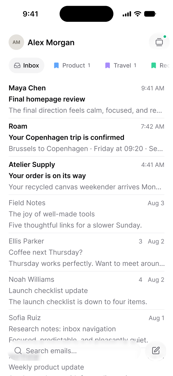 The Mejl inbox on a phone, with view pills above the thread list