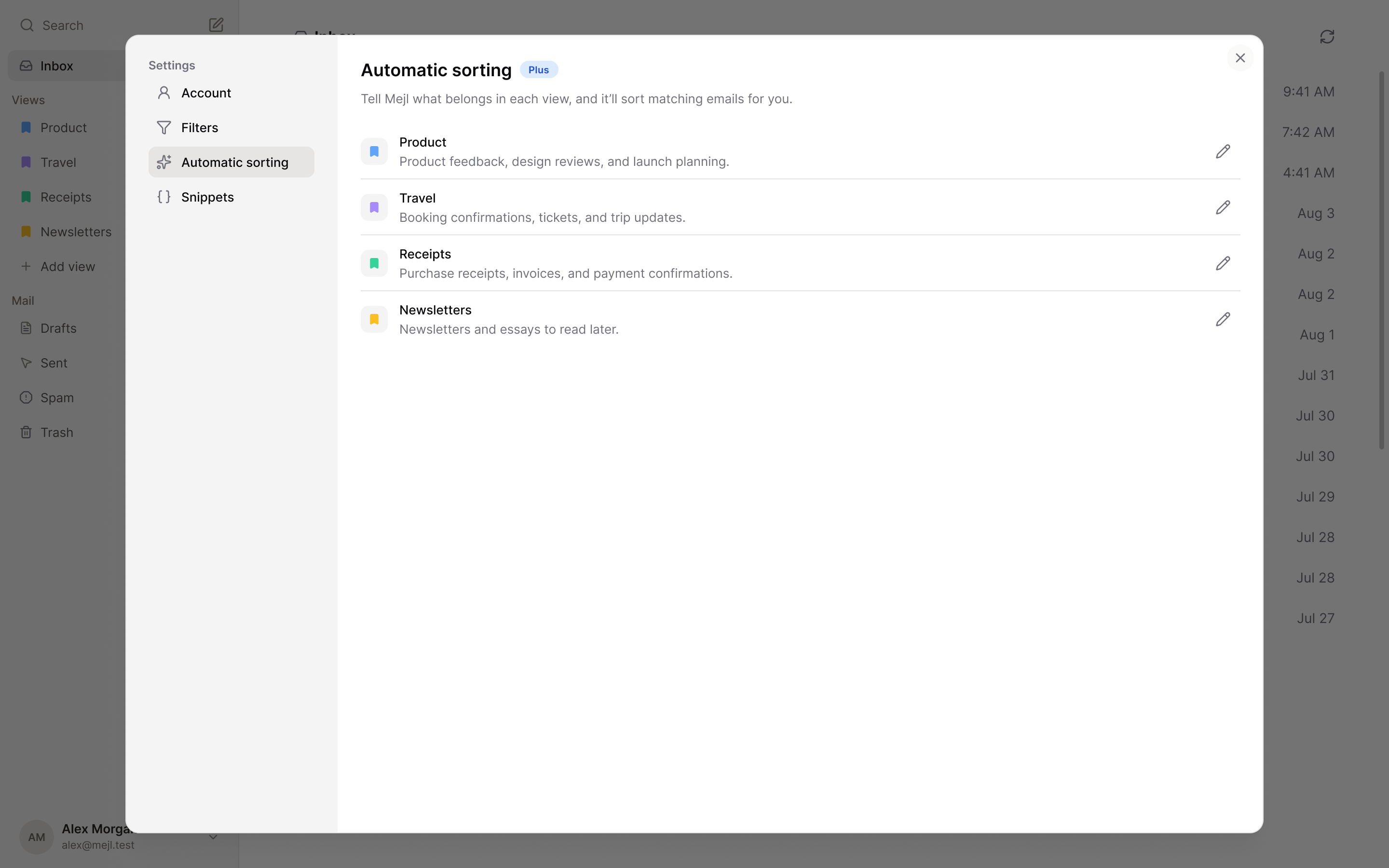 Mejl’s Automatic sorting settings, with example descriptions for Product, Travel, Receipts, and Newsletters.